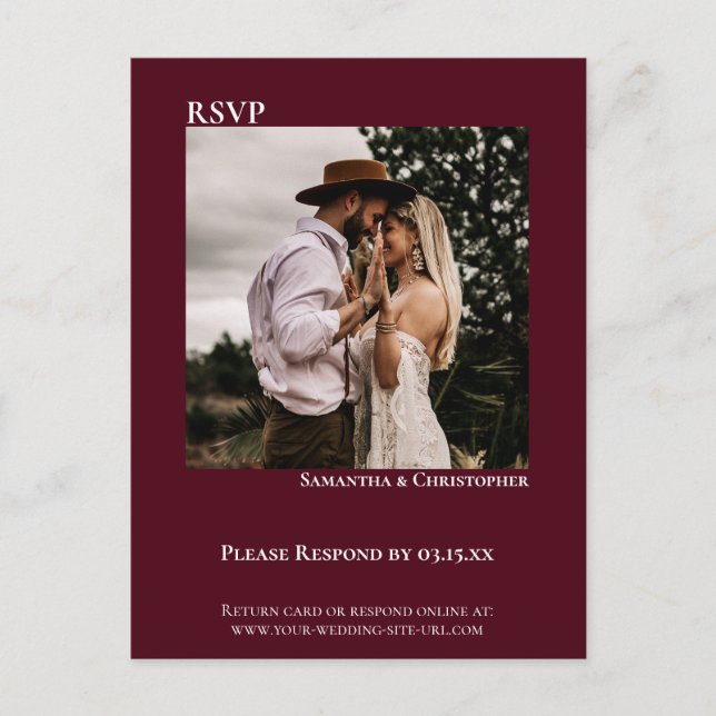 Minimalist Photo Modern Burgundy Wedding RSVP Postcard (Front)