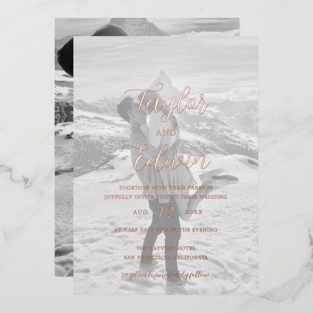 Minimalist Photo Modern Wedding Foil Invitation (Front/Back)