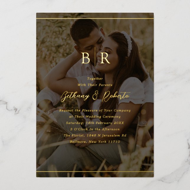 Minimalist Photo Monogram Wedding Foil Invitation (Front)