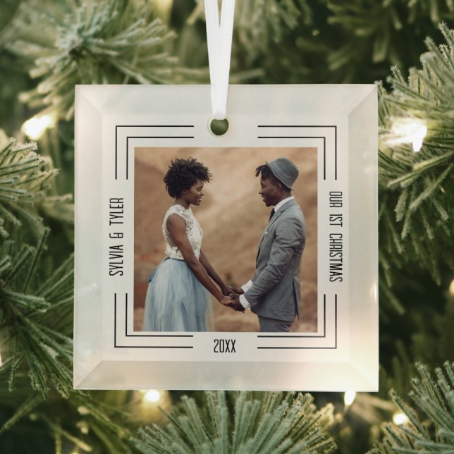 Minimalist Photo Newlyweds 1st Christmas Glass Ornament (Insitu)