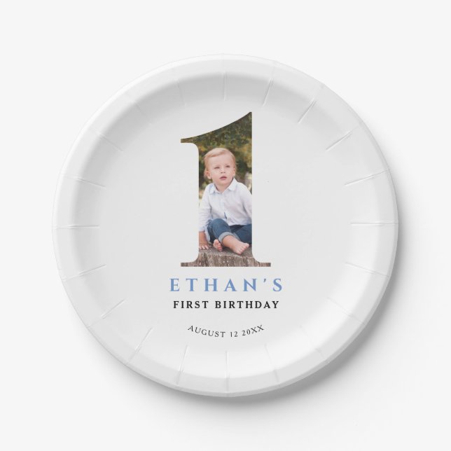 Minimalist Photo Number 1 Birthday Paper Plates (Front)