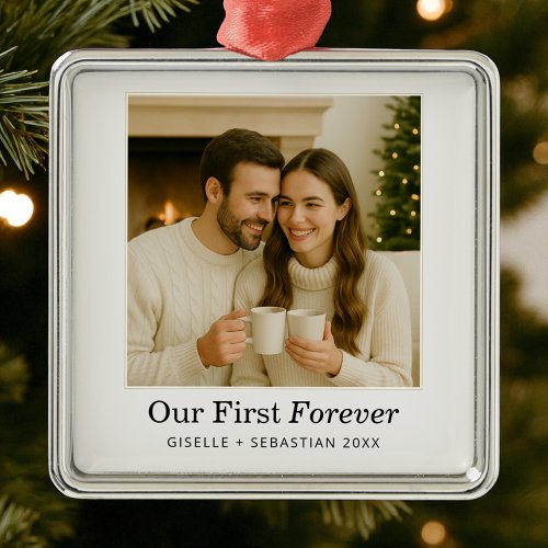 Minimalist Photo Our First Forever Christmas Metal Ornament