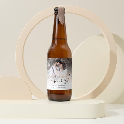 Minimalist Photo Overlay Cheers Wedding  Beer Bottle Label