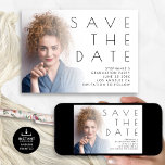 Minimalist Photo Overlay Graduation Party Save The Date<br><div class="desc">Minimalist Photo Overlay Graduation Party Save the Date.  Available digitally and printed. Simply swap in your photo with the sample image and personalise your details. Your photo will be behind a graduated tint opacity layer so the text can be seen which is partially overlayed on top of it.</div>