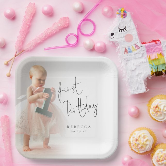 Minimalist Photo Overlay Script 1st Birthday Paper Plates (Party)