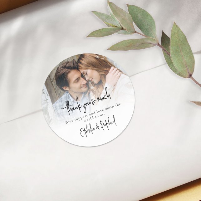 Minimalist Photo Overlay Script Wedding Thank You Classic Round Sticker (Creator Uploaded)