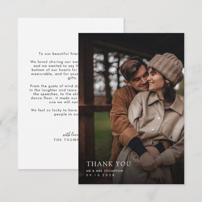 Minimalist Photo Overlay Shadow Border Wedding Thank You Card (Front/Back)