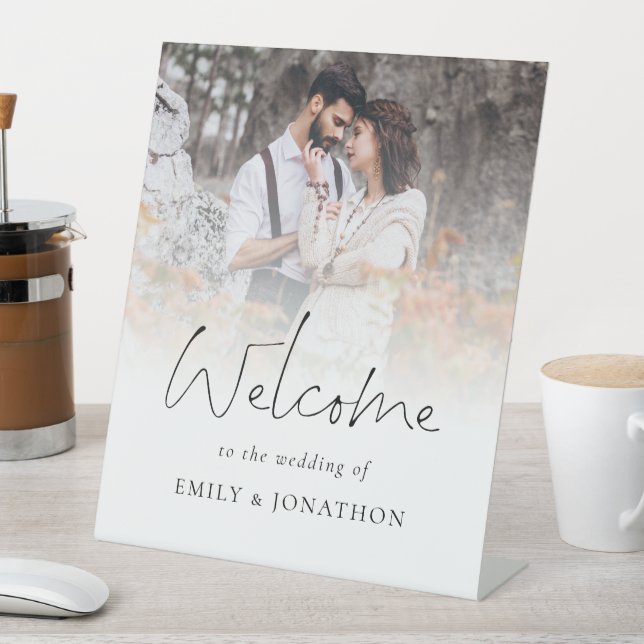 Minimalist Photo Overlay Welcome to Wedding Pedestal Sign (In SItu)