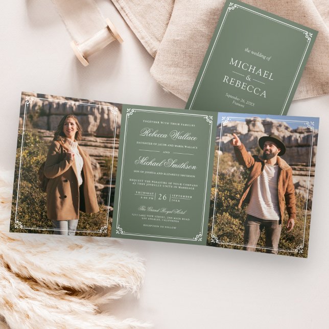 Minimalist Photo Sage Green White QR Code Wedding Tri-Fold Invitation (Creator Uploaded)