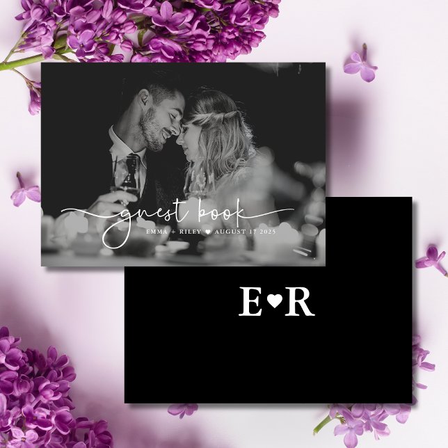 Minimalist Photo Script Monogram Wedding | Black  Guest Book (Creator Uploaded)
