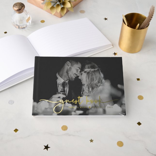 Minimalist Photo Script Monogram Wedding  Foil Guest Book (Front Open)