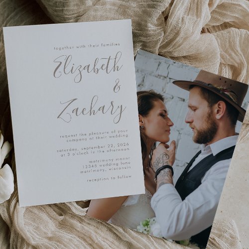 Minimalist Photo Taupe Script Wedding Invitation