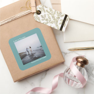 Minimalist Photo Teal Love & Thanks Wedding Square Sticker