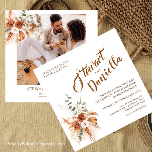 Minimalist Photo Terracotta Boho Pampas Wedding Invitation