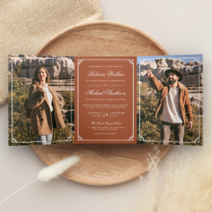 Minimalist Photo Terracotta QR Code Wedding Tri-Fold Invitation