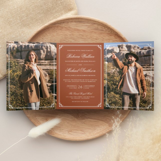 Minimalist Photo Terracotta QR Code Wedding Tri-Fold Invitation (Creator Uploaded)