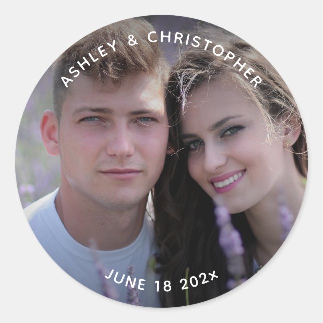 Minimalist Photo Wedding  Classic Round Sticker (Front)