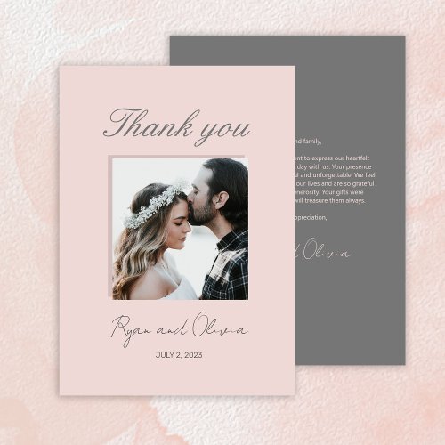 Minimalist Photo Wedding grey pink customized Thank You Card