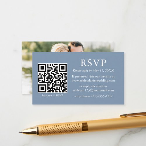Minimalist Photo Wedding QR RSVP Dusty Blue Enclosure Card