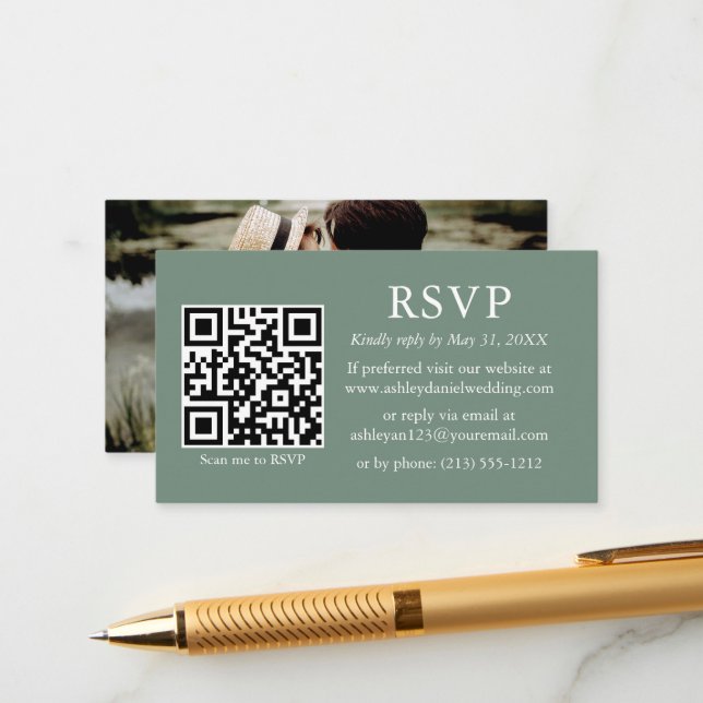Minimalist Photo Wedding QR RSVP Sage Green Enclosure Card (Front/Back In Situ)