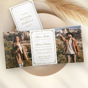 Minimalist Photo White Gold QR Code Wedding Tri-Fold Invitation