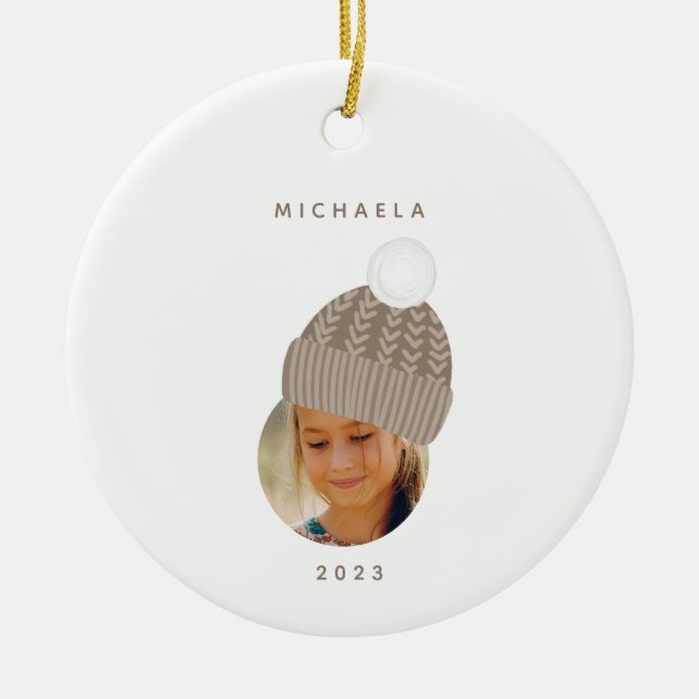 Minimalist Photo with Taupe Hat Christmas Ceramic Ornament (Front)
