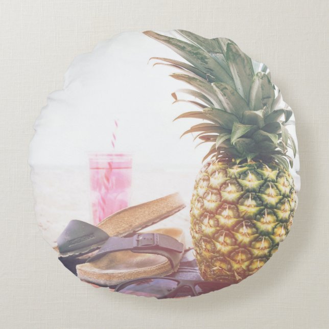 Minimalist photography of pineapple near sandals a round pillow (Front)