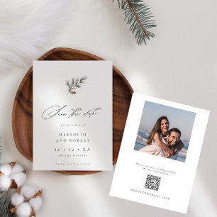 Minimalist Pine Branch Winter QR Photo Wedding Save The Date