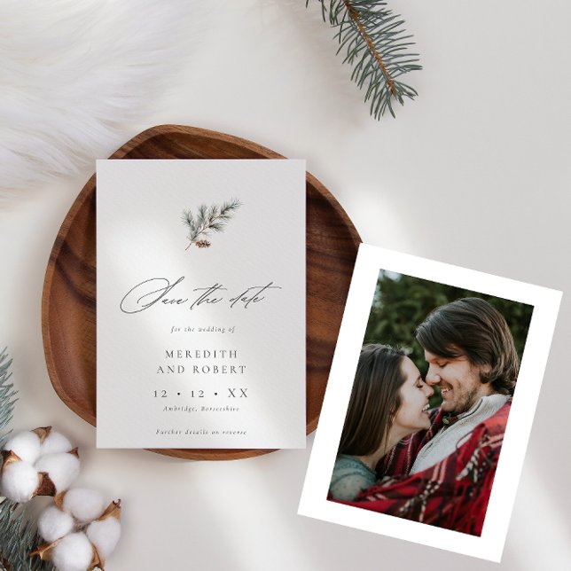 Minimalist Pine Branch Winter Script Photo Wedding Save The Date (Creator Uploaded)