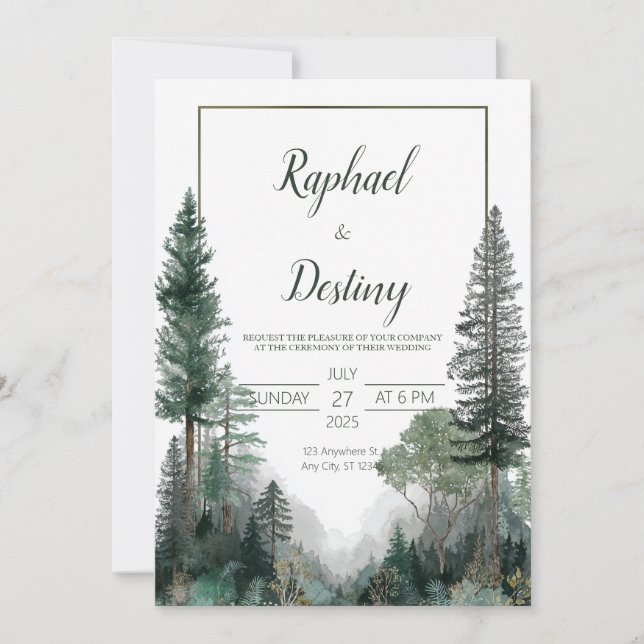 Minimalist Pine Forest Evergreen Rustic Wedding Invitation (Front)