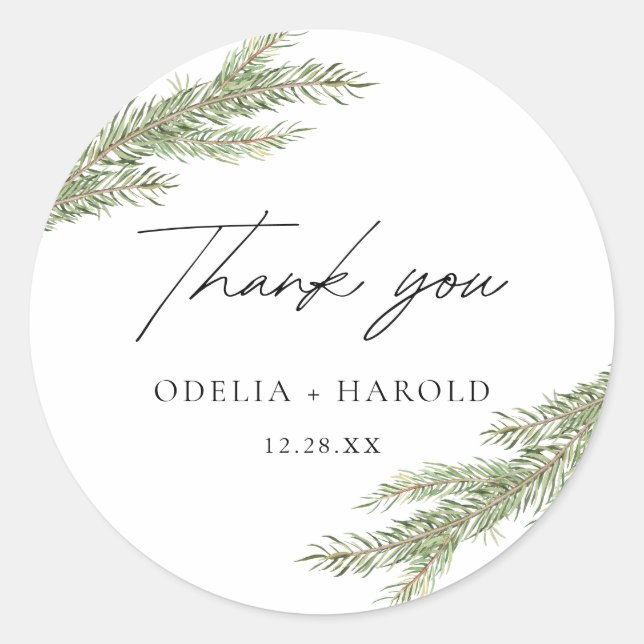 Minimalist Pine Tree Branch Winter Wedding Classic Round Sticker (Front)