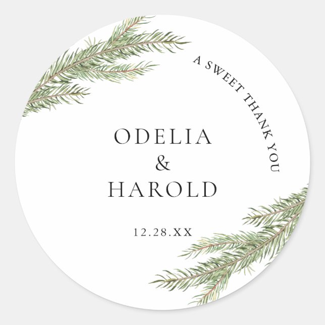 Minimalist Pine Tree Branch Winter Wedding Classic Round Sticker (Front)