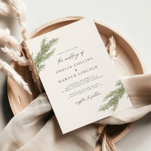 Minimalist Pine Tree Branch Winter Wedding Invitation