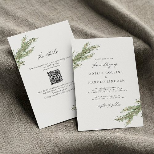 Minimalist Pine Tree Branch Winter Wedding QR Code Invitation