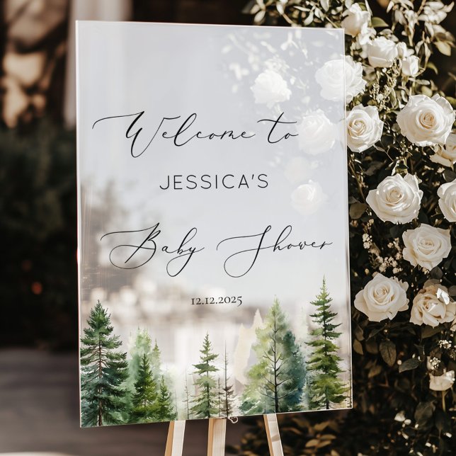 Minimalist pine tree forest baby shower Welcome Acrylic Sign (Creator Uploaded)