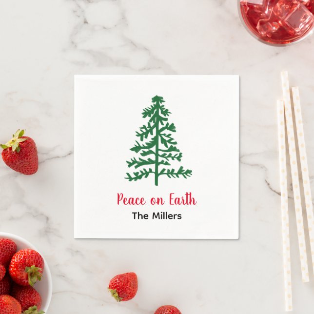 Minimalist Pine Tree Peace on Earth Holiday Napkins (Insitu)