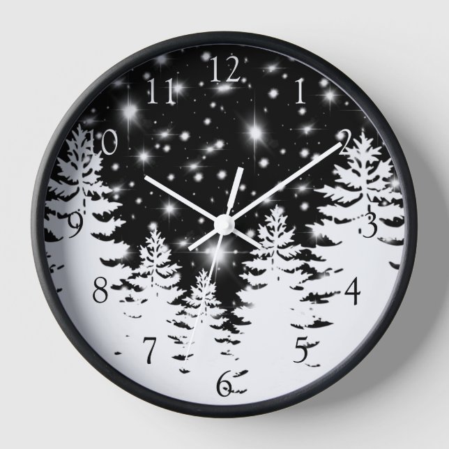 Minimalist pine tree silhouette personalize snow clock (Front)
