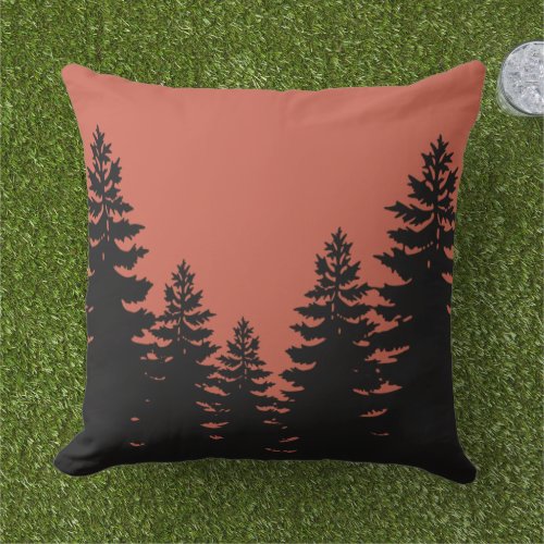 Minimalist pine tree silhouette terra cotta outdoor pillow