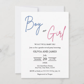 Minimalist Pink and Blue Boy or Girl Gender Reveal Invitation