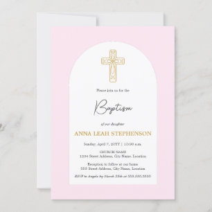 Minimalist Pink and Gold Cross Baptism Invitation