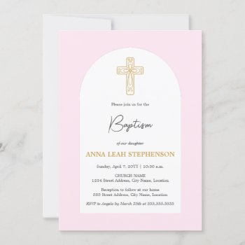 Minimalist Pink And Gold Cross Baptism Invitation by SocialiteDesigns at Zazzle