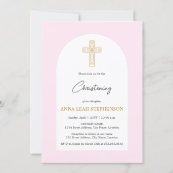 Minimalist Pink And Gold Cross Christening Invitation by SocialiteDesigns at Zazzle