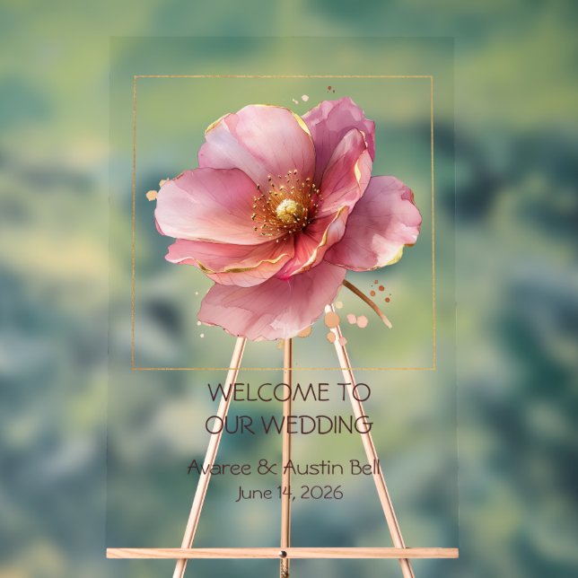 Minimalist Pink and Gold Poppy Wedding Acrylic Sign (Neutral)