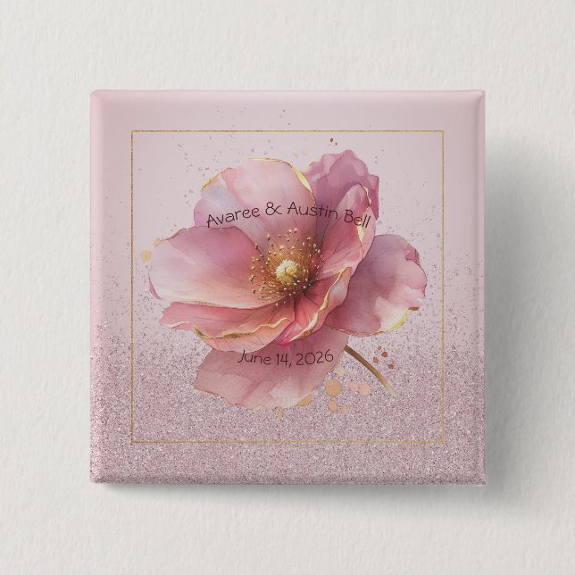 Minimalist Pink and Gold Poppy Wedding Button (Front)