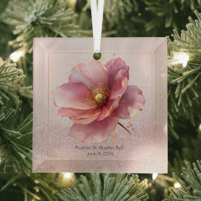 Minimalist Pink and Gold Poppy Wedding Glass Ornament (Insitu)