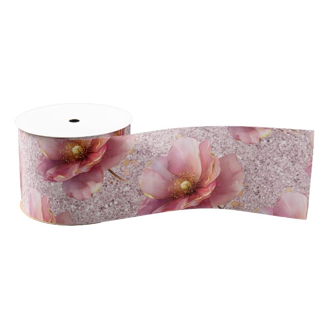 Minimalist Pink and Gold Poppy Wedding Grosgrain Ribbon (Spool)