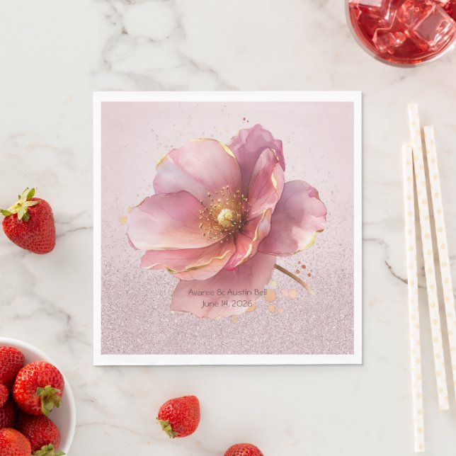 Minimalist Pink and Gold Poppy Wedding Napkins (Insitu)