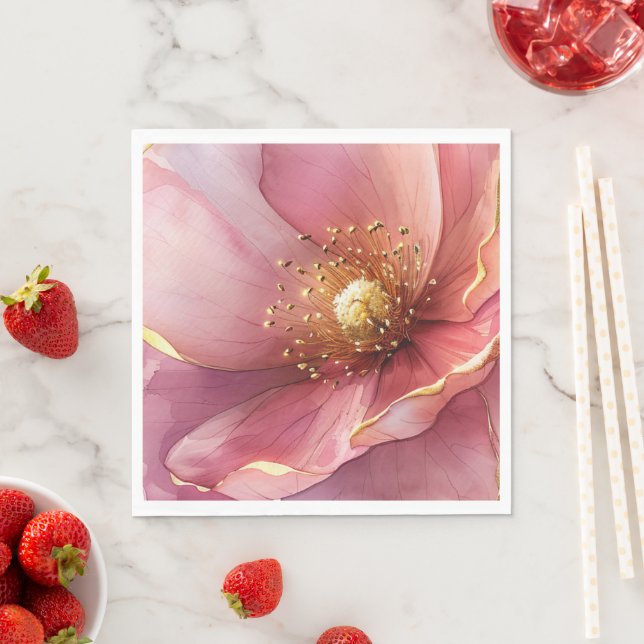 Minimalist Pink and Gold Poppy Wedding Napkins (Insitu)