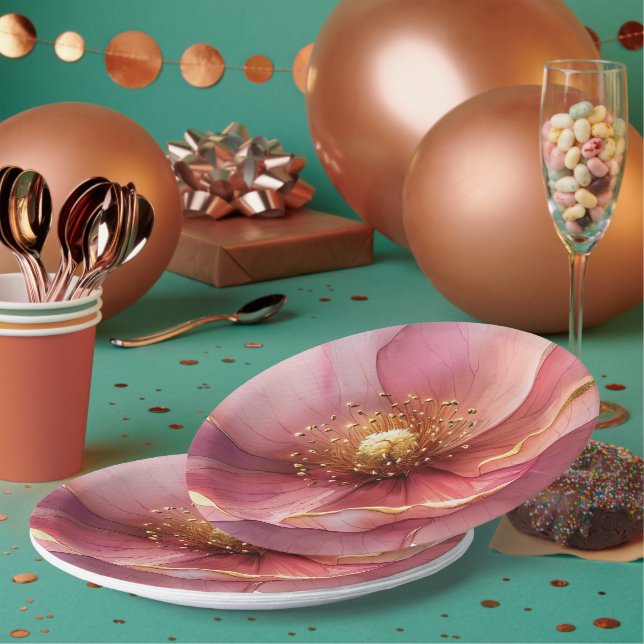 Minimalist Pink and Gold Poppy Wedding Paper Plates (Multi)