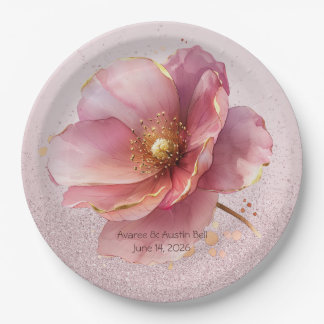 Minimalist Pink and Gold Poppy Wedding Paper Plates